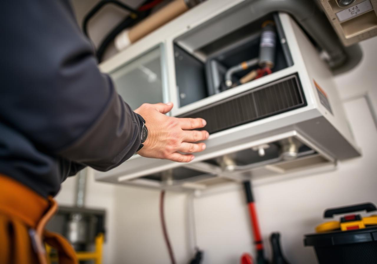 HVAC technician installing a residential air handler